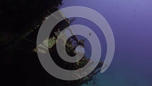 Wreck ship underwater on coral reef Abu Nuhas on blue background in Red sea.