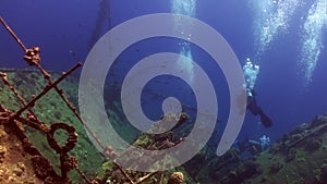 Wreck ship underwater on coral reef Abu Nuhas on blue background in Red sea.