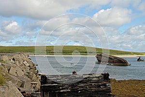 Wreck of SS Reginald, scuttled off Orkney in WW1, alongside WW2 Churchill Barrier defences