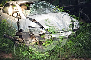 The wreckage of the car that was damaged from an accident