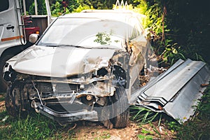 The wreckage of the car that was damaged from an accident