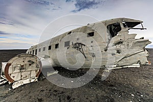 Wreckage of crashed airplane on the coast of iceland