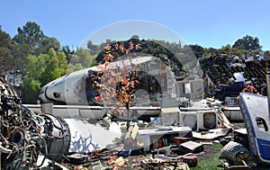 Wreckage of a crashed airplane on the ground