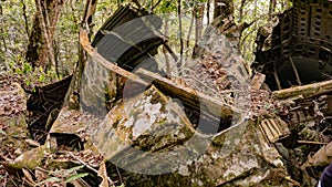 The wreckage of a crashed small passenger plane. the plane fell to the ground