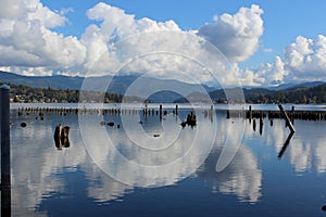 Wreckage of an old pier protruding from Lake Whatcom