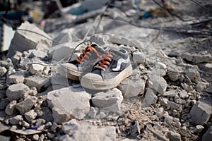 On the wreckage of a panel house lies a small children\'s sneaker.