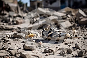 On the wreckage of a panel house lies a small children\'s sneaker.