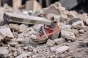 On the wreckage of a panel house lies a small children\'s sneaker.