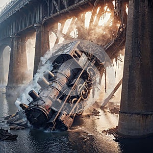Wreckage of steam train hanging from half-destroyed bridge, locomotive in river under bridge.