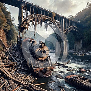 Wreckage of steam train hanging from half-destroyed bridge, locomotive in river under bridge.