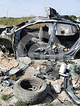 Wrecked Abandoned Burnt Out Car With Melted Interior - Fire Damage