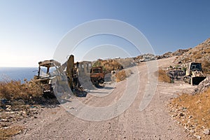 Wrecked and abandoned cars in the island of Patmos, Greece