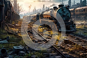 Wrecked, Abandoned Train Yard With Derailed Locomotives And Rusty Tracks And Old Trains. Generative AI