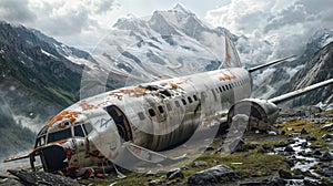 Wrecked airplane nestled in the snowy Swiss Alps