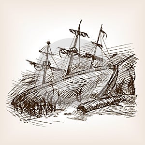 Wrecked ancient sailing ship sketch vector