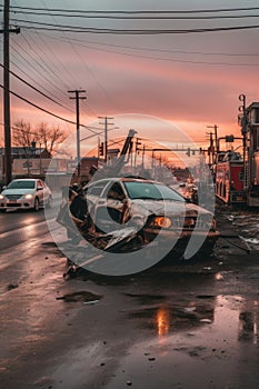 a wrecked car being towed away from an accident scene