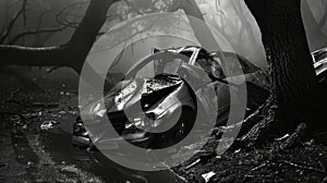 A Wrecked Car in a Forest, Evidence of a Tragic Accident, Dark and Moody Atmosphere with Copy Space