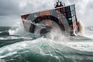 Wrecked cargo ship with conatiners in stormy sea with large waves. Generative AI