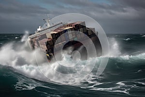 Wrecked cargo ship with conatiners in stormy sea with large waves. Generative AI