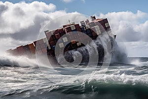 Wrecked cargo ship with conatiners in stormy sea with large waves. Generative AI