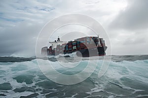 Wrecked cargo ship with conatiners in stormy sea with large waves. Generative AI