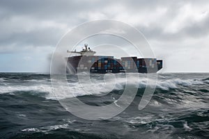 Wrecked cargo ship with conatiners in stormy sea with large waves. Generative AI