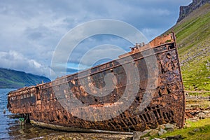 Wrecked fishing ship, Djupavik, Strandir Coast, West Fjords, Ice