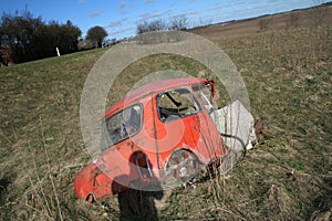 Wrecked motor car in field