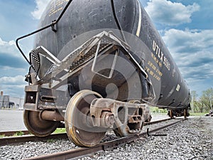 A wrecked railroad tanker car awaiting repair