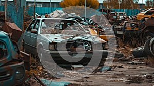 Wrecked and rusted cars pile up in a cluttered junkyard, showcasing neglect and decay. photo
