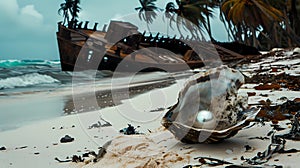 Wrecked ship and shell on the beach in Sri Lanka, Generative AI illustrations