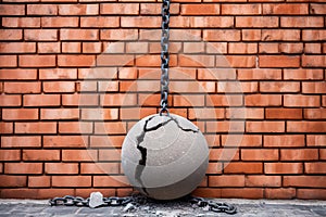Wrecking ball on chain couldn\'t shatter a brick wall but collapsed by itself into pieces. Concept of miscalculated forces