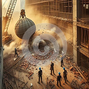 a wrecking ball crane swing and smash a wall at the construction site.