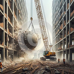 a wrecking ball crane swing and smash a wall at the construction site.