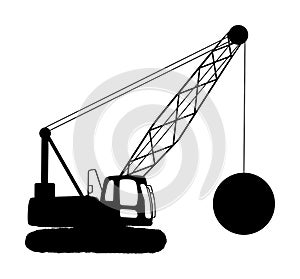 Wrecking ball crane vector silhouette isolated on white. Under construction. Industrial building machine for breaking wall.