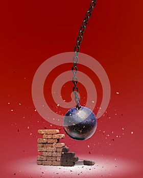 Wrecking ball destroying the brick wall 3D illustration