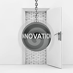 Wrecking Ball with Innovation Sign Ready to Destroy Brick Wall w
