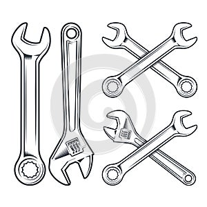 Wrench and adjustable wrench. Repair tools icon isolated on white background