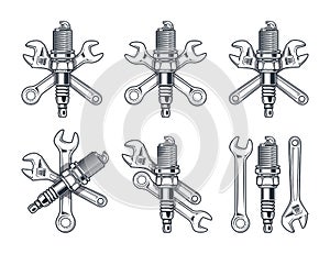 Wrench, adjustable wrench and spark plug. Repair tools icon isolated on white background