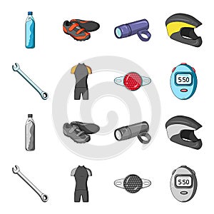 A wrench, a bicyclist bone, a reflector, a timer.Cyclist outfit set collection icons in cartoon,monochrome style vector