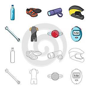 A wrench, a bicyclist`s bone, a reflector, a timer.Cyclist outfit set collection icons in cartoon,outline style vector photo