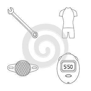 A wrench, a bicyclist`s bone, a reflector, a timer.Cyclist outfit set collection icons in outline style vector symbol