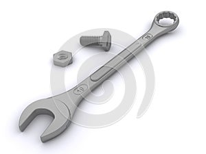 Wrench, bolt and nut against white