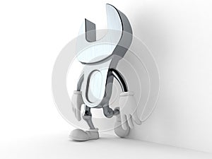 Wrench character leaning on wall on white background