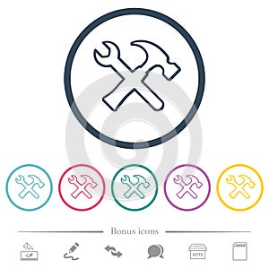 Wrench and hammer outline flat color icons in round outlines