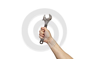 Wrench with hand on white background