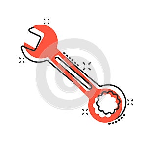 Wrench icon in comic style. Spanner key cartoon vector illustration on white isolated background. Repair equipment splash effect