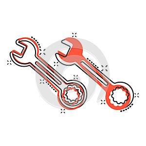 Wrench icon in comic style. Spanner key cartoon vector illustration on white isolated background. Repair equipment splash effect