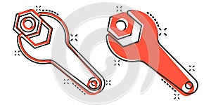 Wrench icon in comic style. Spanner key cartoon vector illustration on white isolated background. Repair equipment splash effect