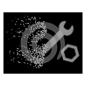 White Broken Pixel Halftone Wrench And Nuts Icon